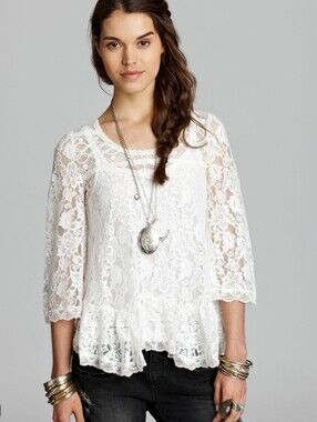 Free People Lily Ivory Floral Lace Peplum Blouse Top Small S